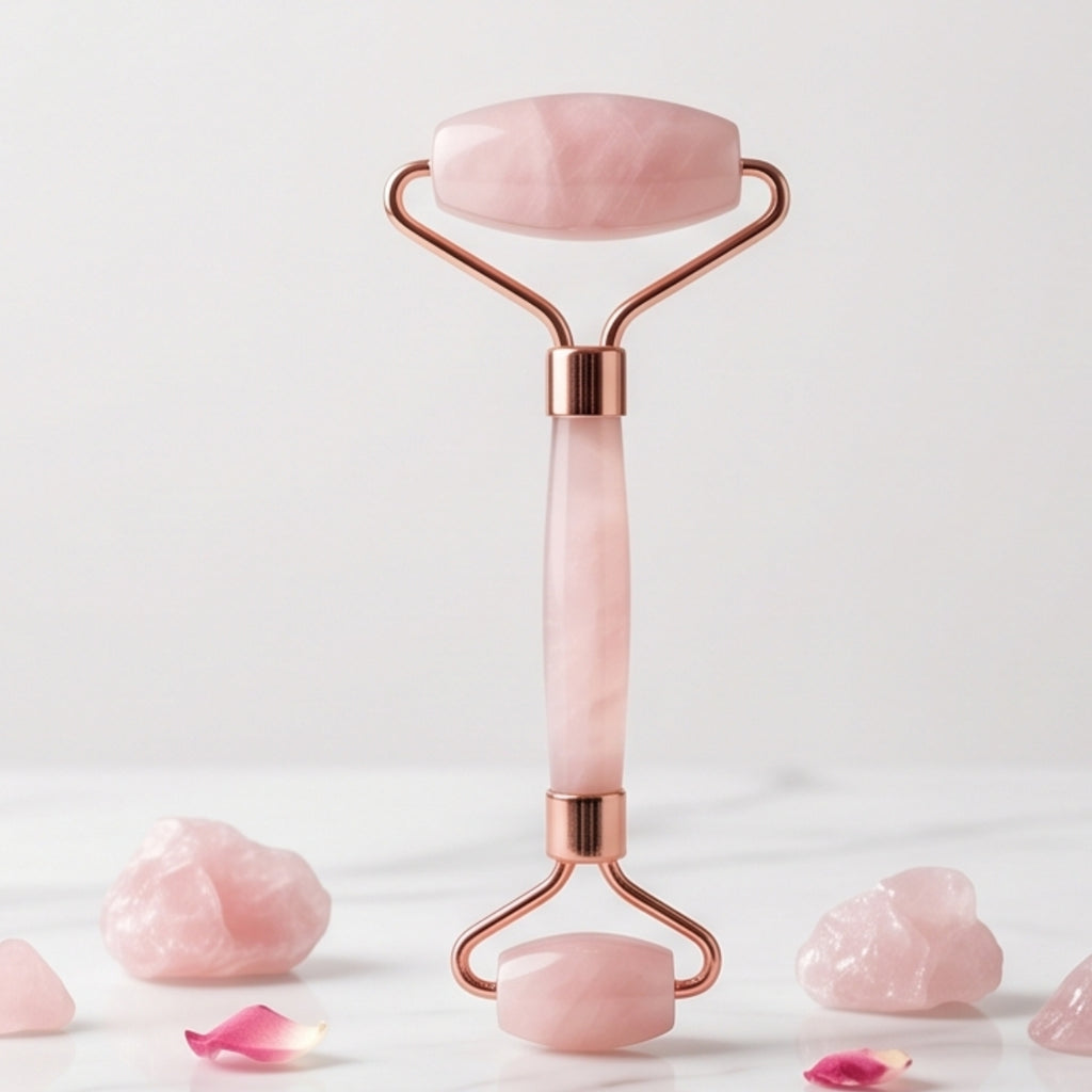 Rosé Quartz Facial Roller — Dual-Ended Face & Neck Roller for De-Puffing, Lymphatic Drainage & Serum Absorption