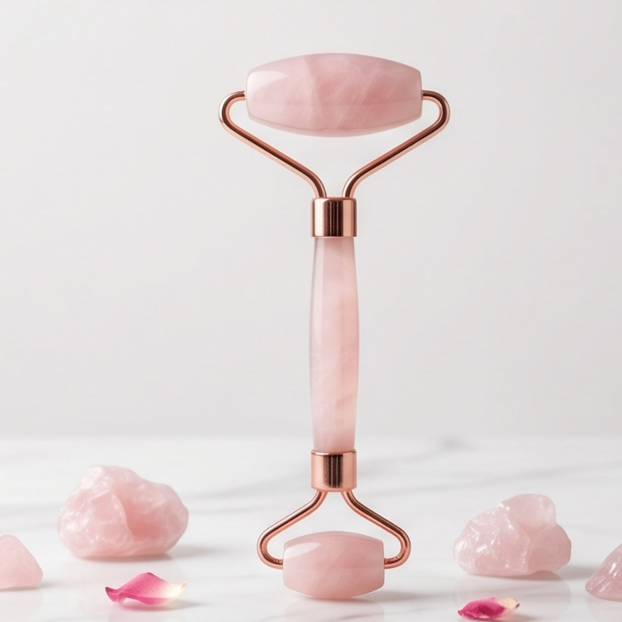 Rosé Quartz Facial Roller — Dual-Ended Face & Neck Roller for De-Puffing, Lymphatic Drainage & Serum Absorption