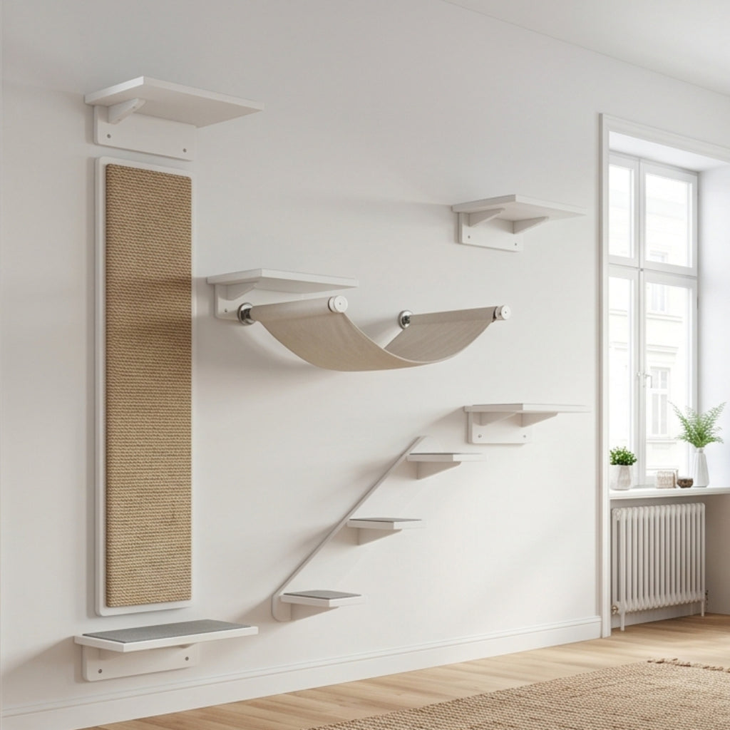 Aerie Wall-Mounted Cat Tree & Perch System — 5-Piece Modular Floating Shelves, Sisal Scratching Post, Hammock & Steps | Holds Up to 25kg