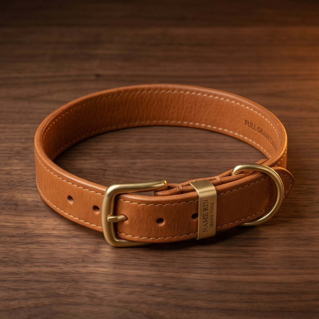NobleHound Full-Grain Leather Dog Collar — Handcrafted with Solid Brass Buckle, D-Ring & Personalized Name Tag | Sizes S–XL
