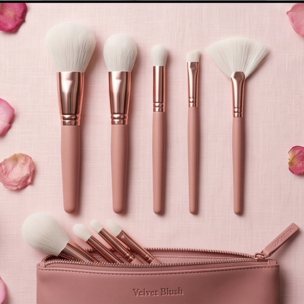 Silk Cloud 5-Piece Makeup Brush Set — Synthetic Vegan Bristle Foundation, Contour, Blush, Eyeshadow & Blending Brushes with Pouch