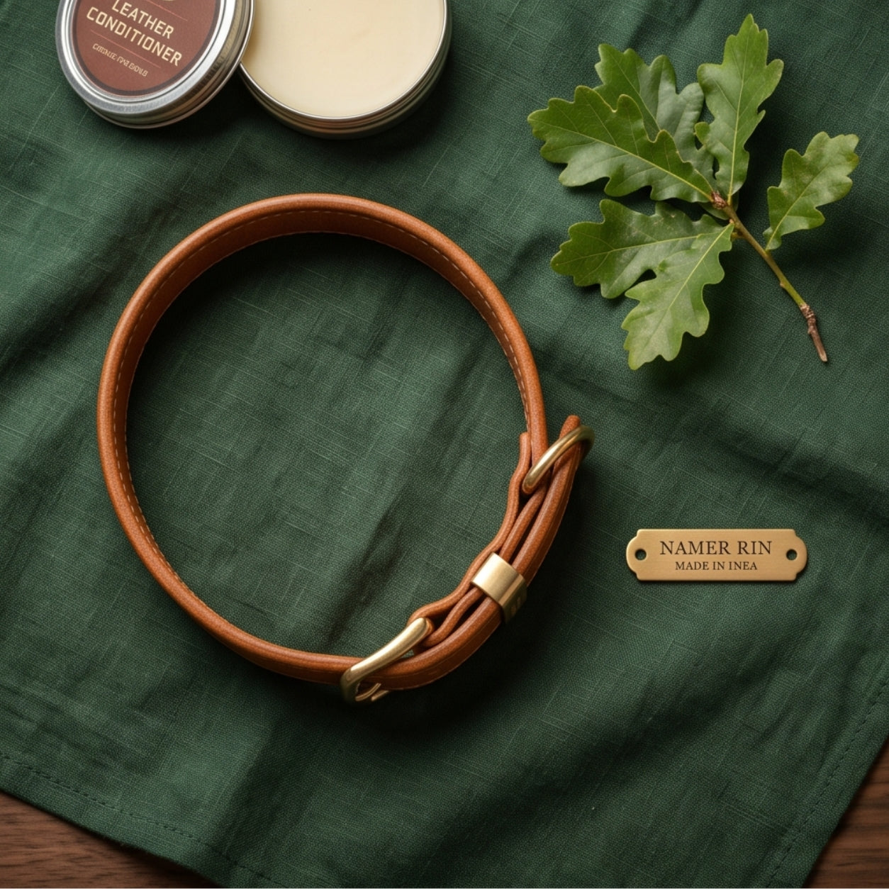 NobleHound Full-Grain Leather Dog Collar — Handcrafted with Solid Brass Buckle, D-Ring & Personalized Name Tag | Sizes S–XL