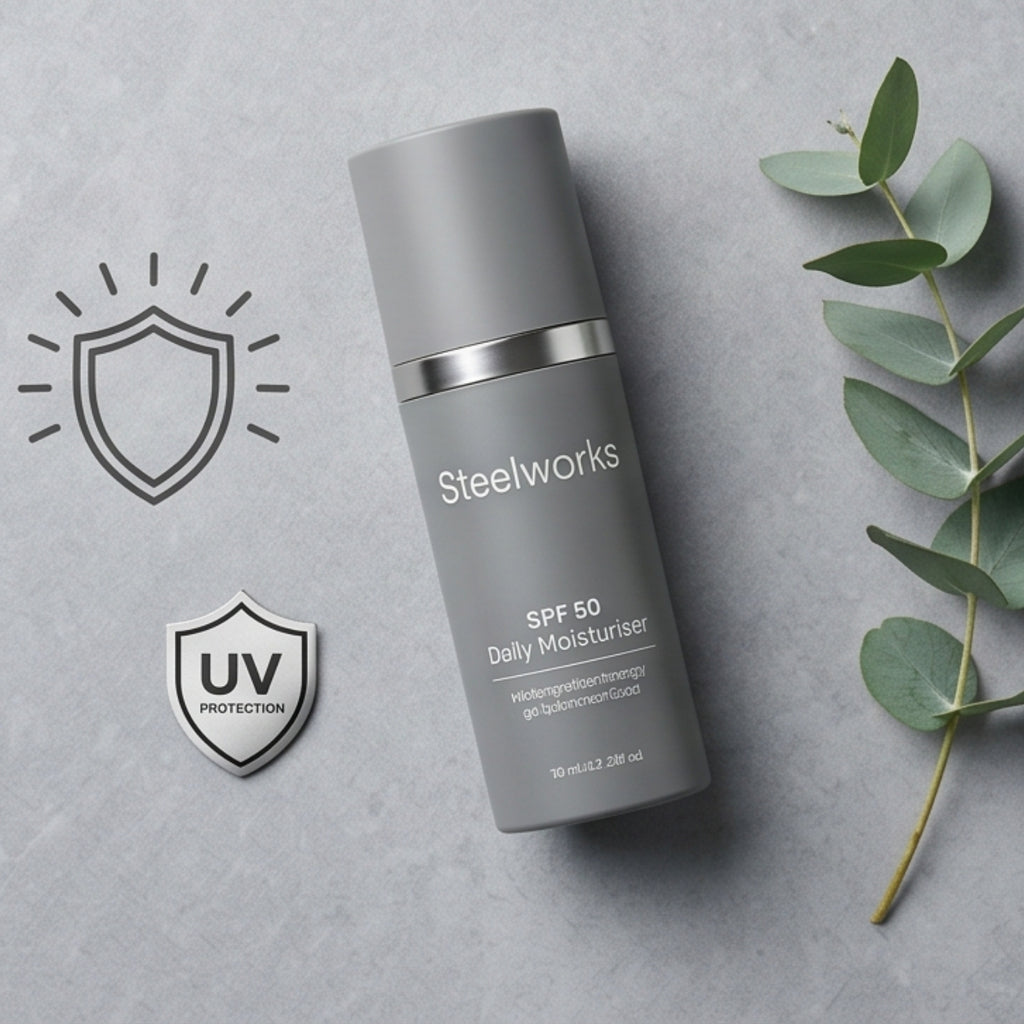 Steelworks SPF 50 Daily Moisturiser — Oil-Free Face Moisturiser for Men with SPF 50, Niacinamide & Caffeine