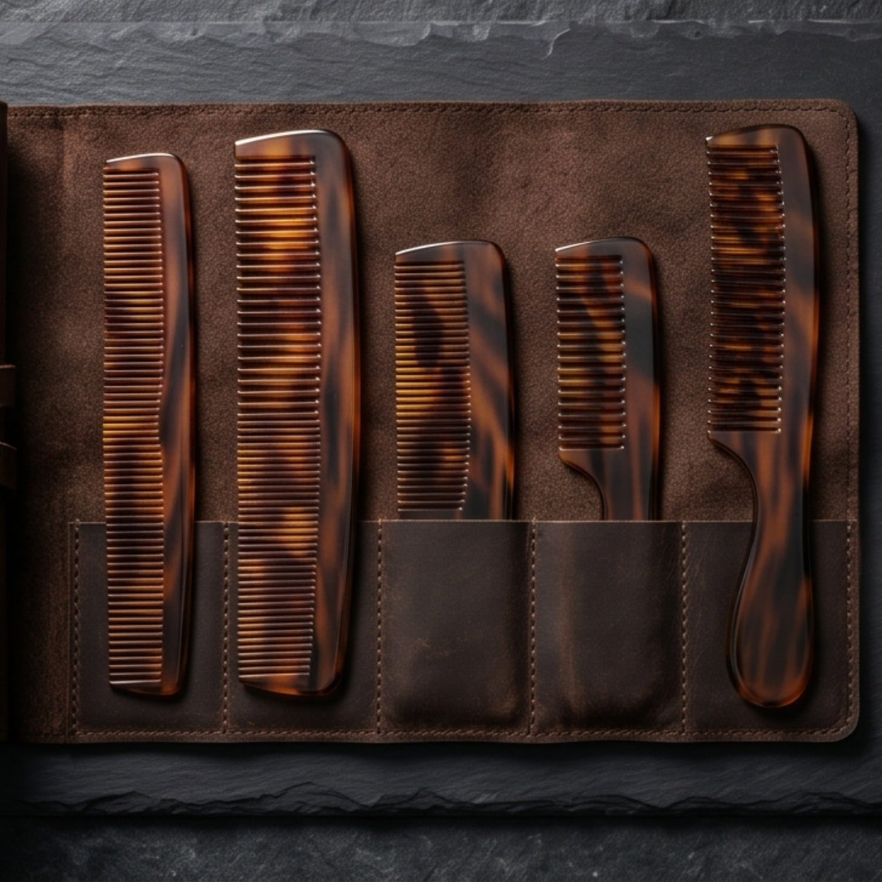 Blade King 5-in-1 Men's Grooming Comb Set — Anti-Static Wide Tooth, Fine Tooth, Beard Comb, Moustache Comb & Detangling Pick with Leather Roll Pouch