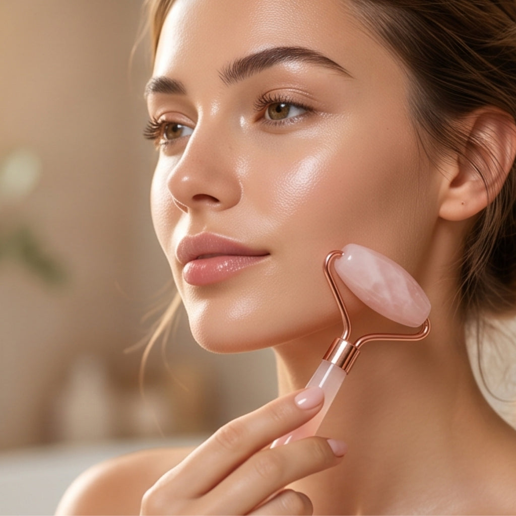 Rosé Quartz Facial Roller — Dual-Ended Face & Neck Roller for De-Puffing, Lymphatic Drainage & Serum Absorption